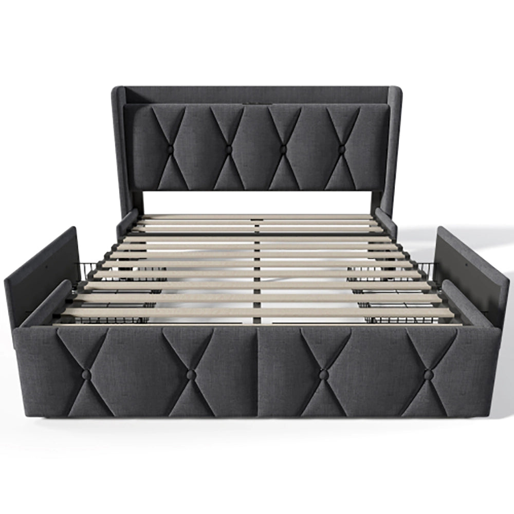 Letto matrimoniale con testiera e USB - Xylo - 160x200 cm - Grigio - 4 cassetti