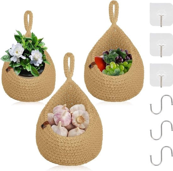Fruitiera appesa, 3 + 3 adesivi per muro + 3 ganci, fruitiera, fruitiera appesa, frutta, mandorla, cucina, manufatto a mano, corda di cotone, mandorla per verdure, mandorla per piante, decorativa fruitiera per cucina