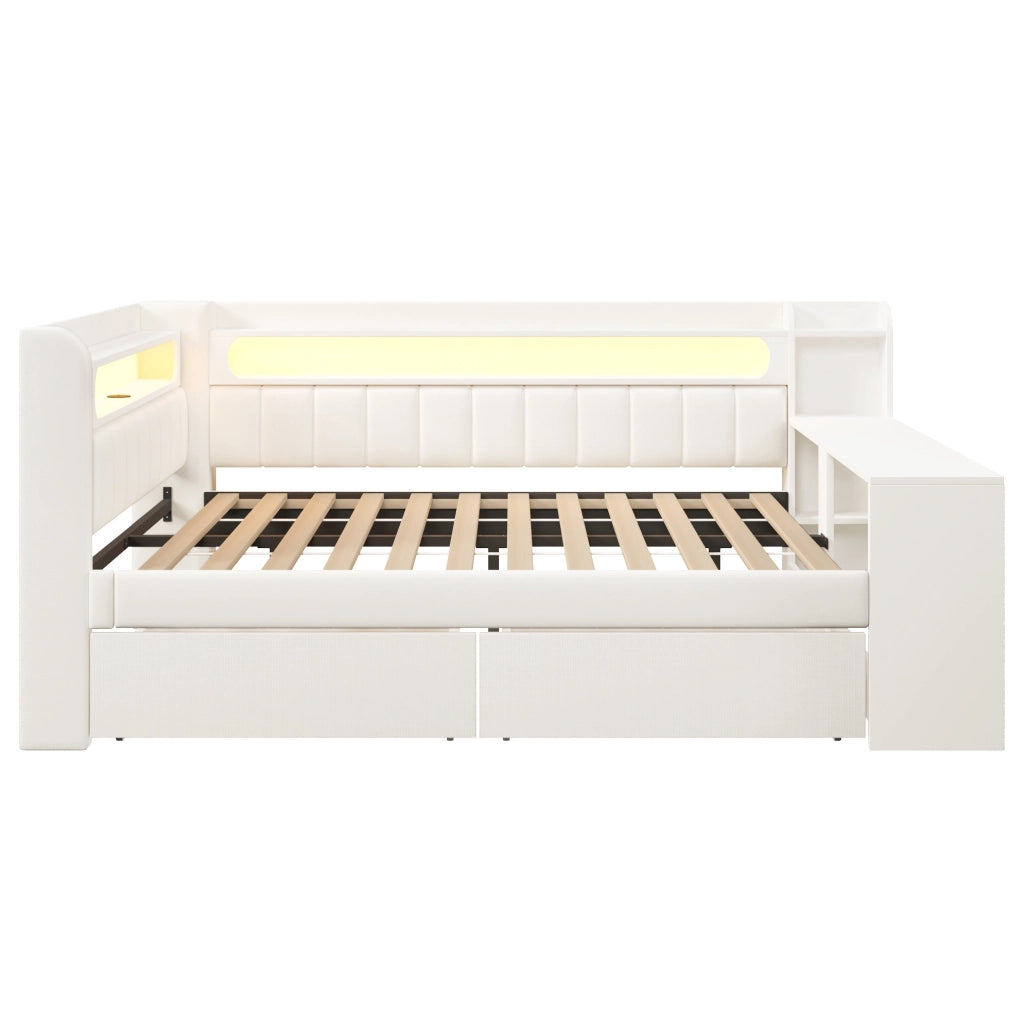 Letto daybed imbottito 140x200 cm con scrivania; 2 cassetti; LED e USB; bianco