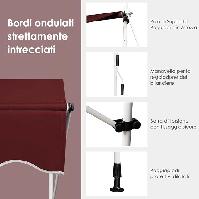 Tenda da Sole per Esterno, Tenda da Sole a Morsetto per Balcone con Struttura Telescopica e Tessuto Resistene ai Raggi Solari, Regolabile in Altezza e in Angolazione (150 cm,Rosso)