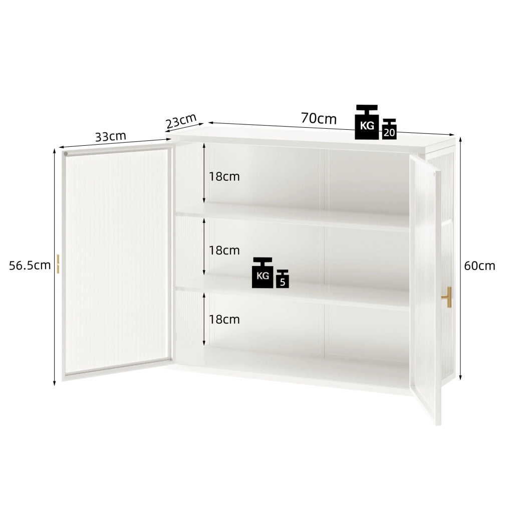 Armadio a Muro Bianco 70 cm con Vetro Chiaro e Doppia Porta, 3 Ripiani