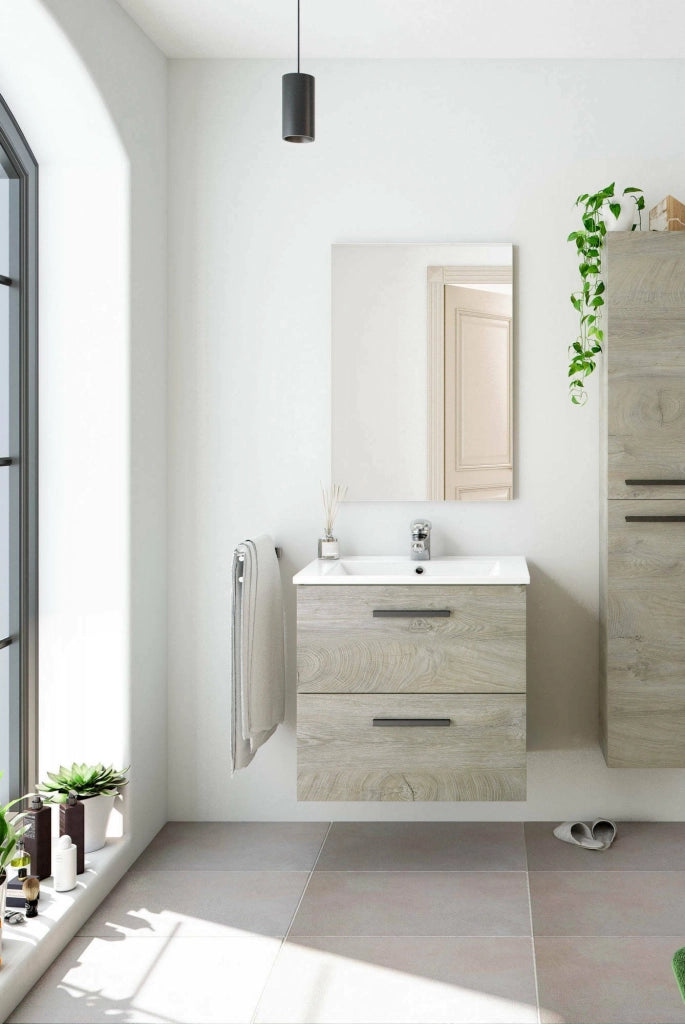 Mobile sottolavabo Affa, Mobiletto per bagno a 2 cassetti, Armadietto sospeso con specchio, lavabo non incluso, cm 60x45h67, Rovere