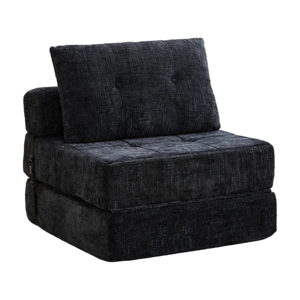 Divano letto pieghevole in chenille nero 79x180x18 cm; con cuscino schienale e poggiatesta