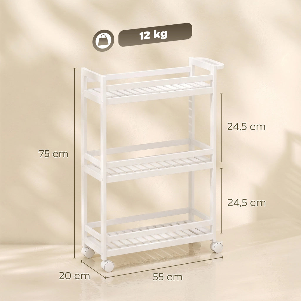 Carrello di servizio, 3 ripiani, ripiani a doghe, protezione anticaduta, bamb¨´, 55 x 20 x 75 cm
