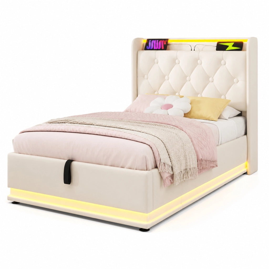 Letto singolo imbottito 90x200 cm in PU bianco con LED; USB e contenitore idraulico