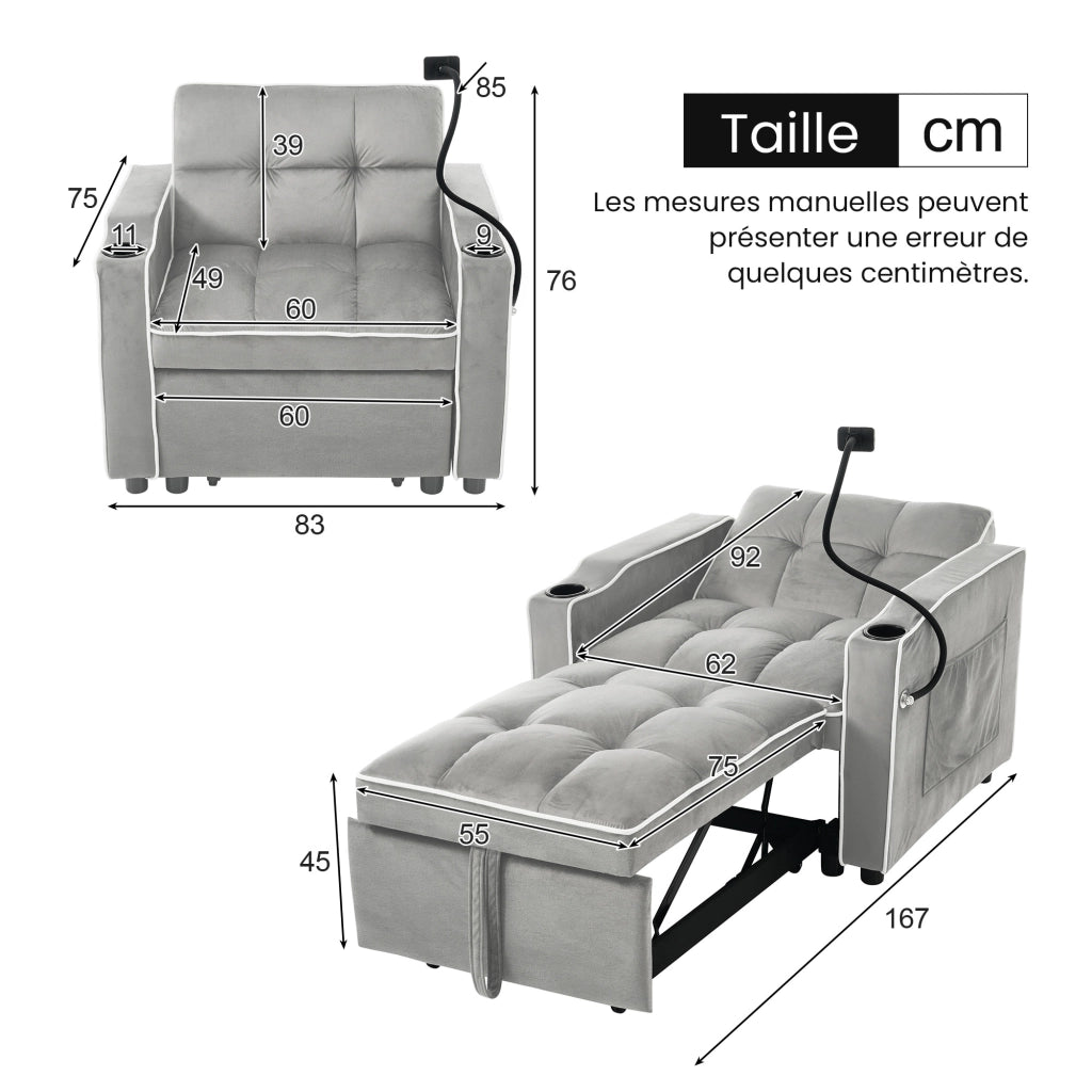 Divano letto singolo 3 in 1 - con portabicchieri e porta telefono - in velluto - grigio anticato