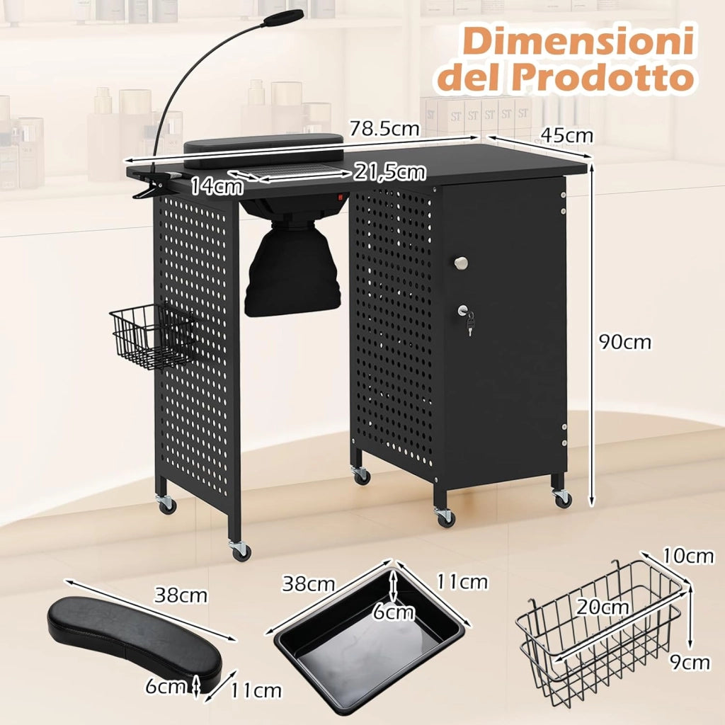 Tavolo Manicure con Aspiratore, Tavolo per Unghie con 6 Ruote Bloccabili, Sacchetti per Polvere, Armadio Chiudibile con 4 Vassoi, Poggiapolsi, Lampada LED e Cestino Metallico, 90x79x45cm