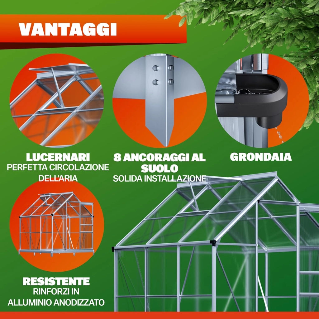 ® Serra da Giardino in Alluminio 3,6m² 190x190cm incl. Lucernario Coltivazione Orto per Piante Giardinaggio 5,8m³