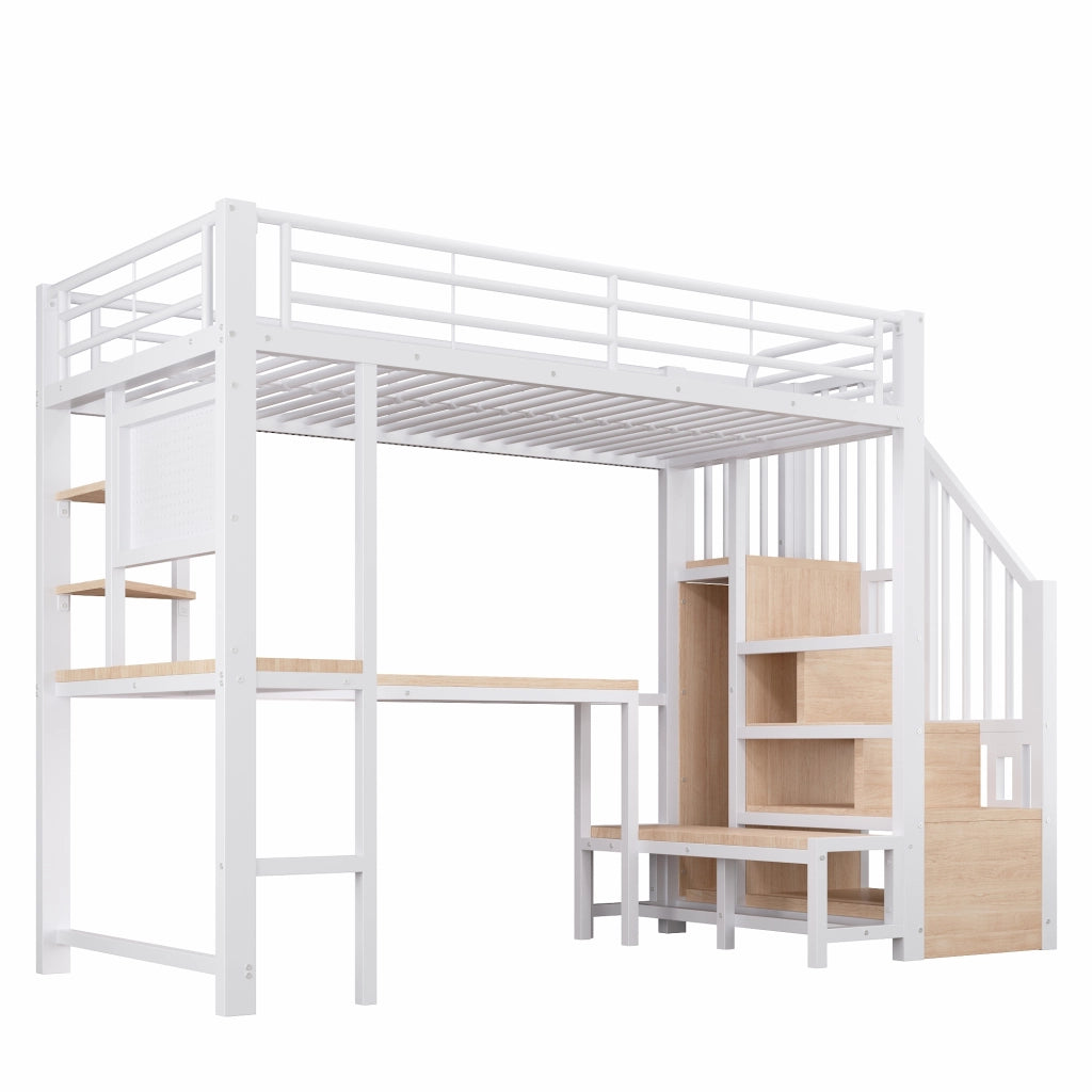Letto a soppalco singolo 90×200 cm con scrivania; USB; Type-C; LED; ripiani e scala contenitore; senza materasso; bianco