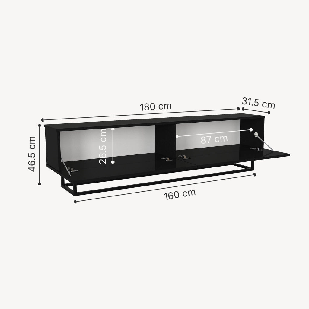 Mobile Porta TV Nolven a 2 Ante Ribalta e Telaio in Metallo 180x32x47 cm - Nero [en.casa]