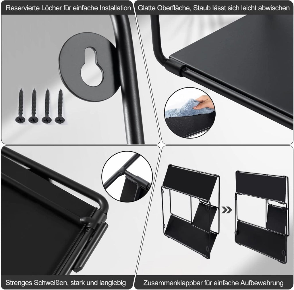 EUGAD Set di 3 Mensole a Muro in Metallo Nero, Scaffali da Parete a 3 Ripiani, Mensole Sospesa di Stile Industriale, per Camera da Letto, Soggiorno, Cucina, 38x11,5x25,5 cm, Nero