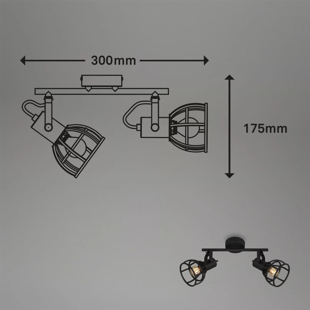 Plafoniera Vintage Korbo Acciaio Nero 2 Luci E14 Ip20