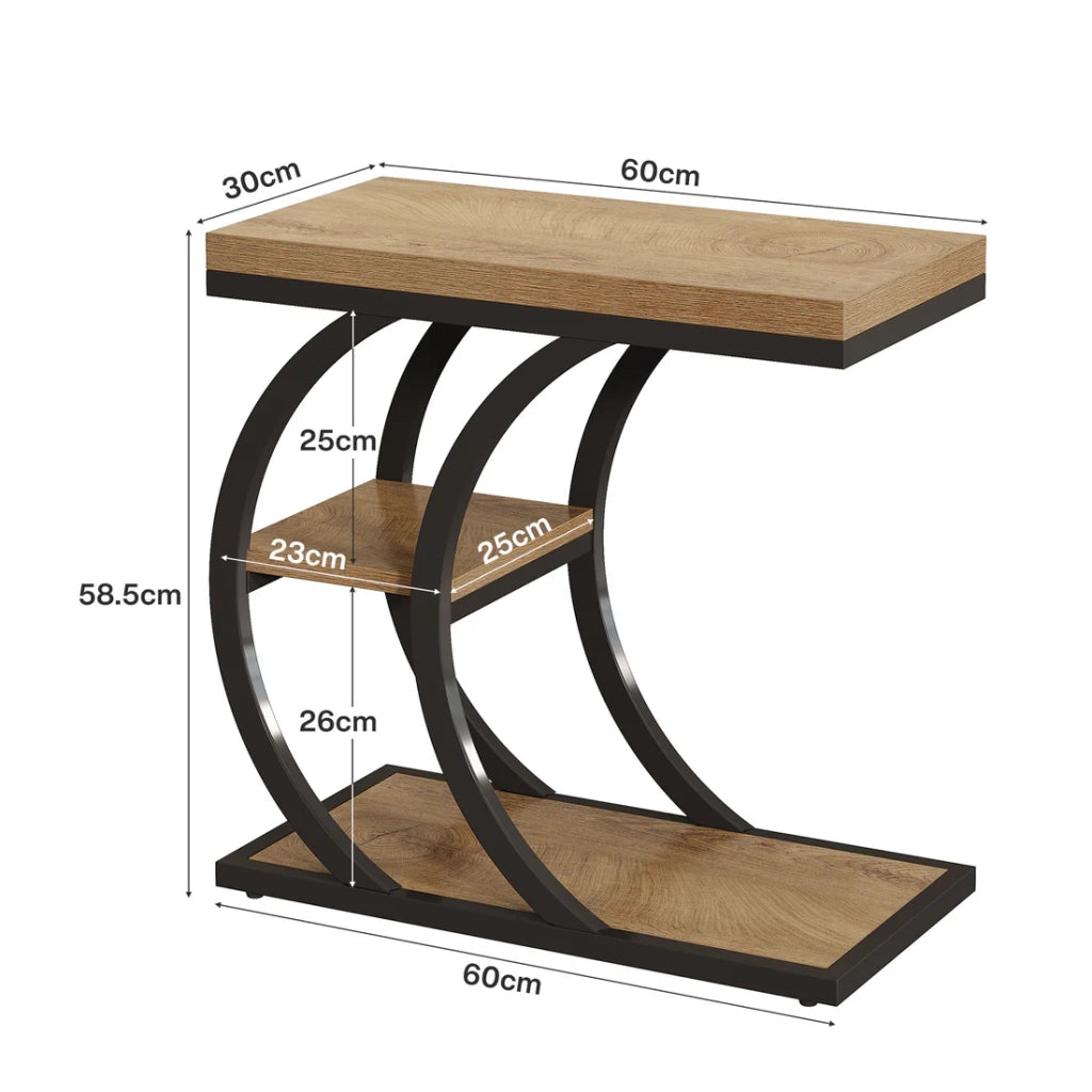Tavolino laterale a C con 3 ripiani in metallo e legno per soggiorno e camera da letto; nero e marrone; 60×30×58 cm