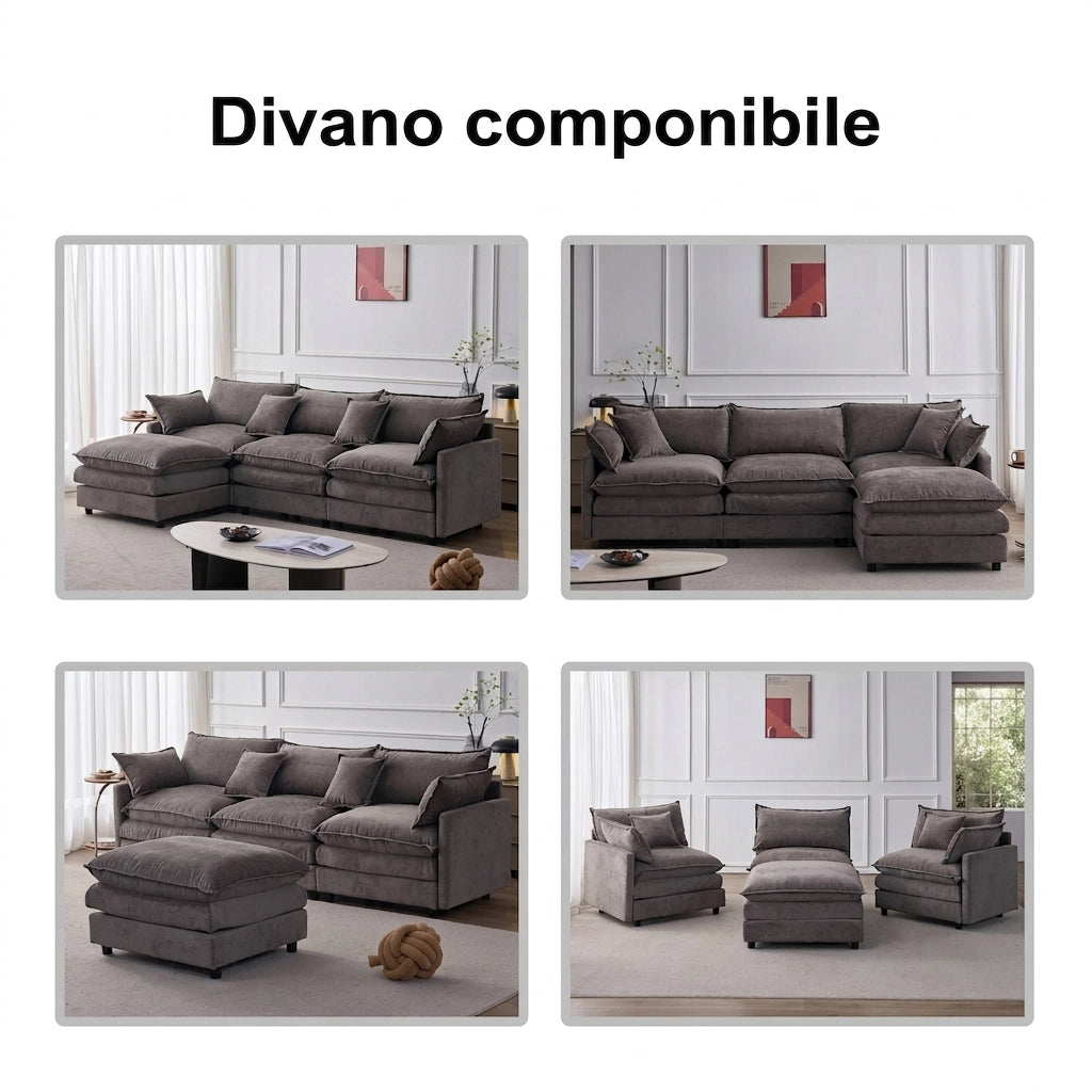 Divano angolare modulare in ciniglia; divano 3 posti con penisola e pouf; 267x154x85 cm; grigio