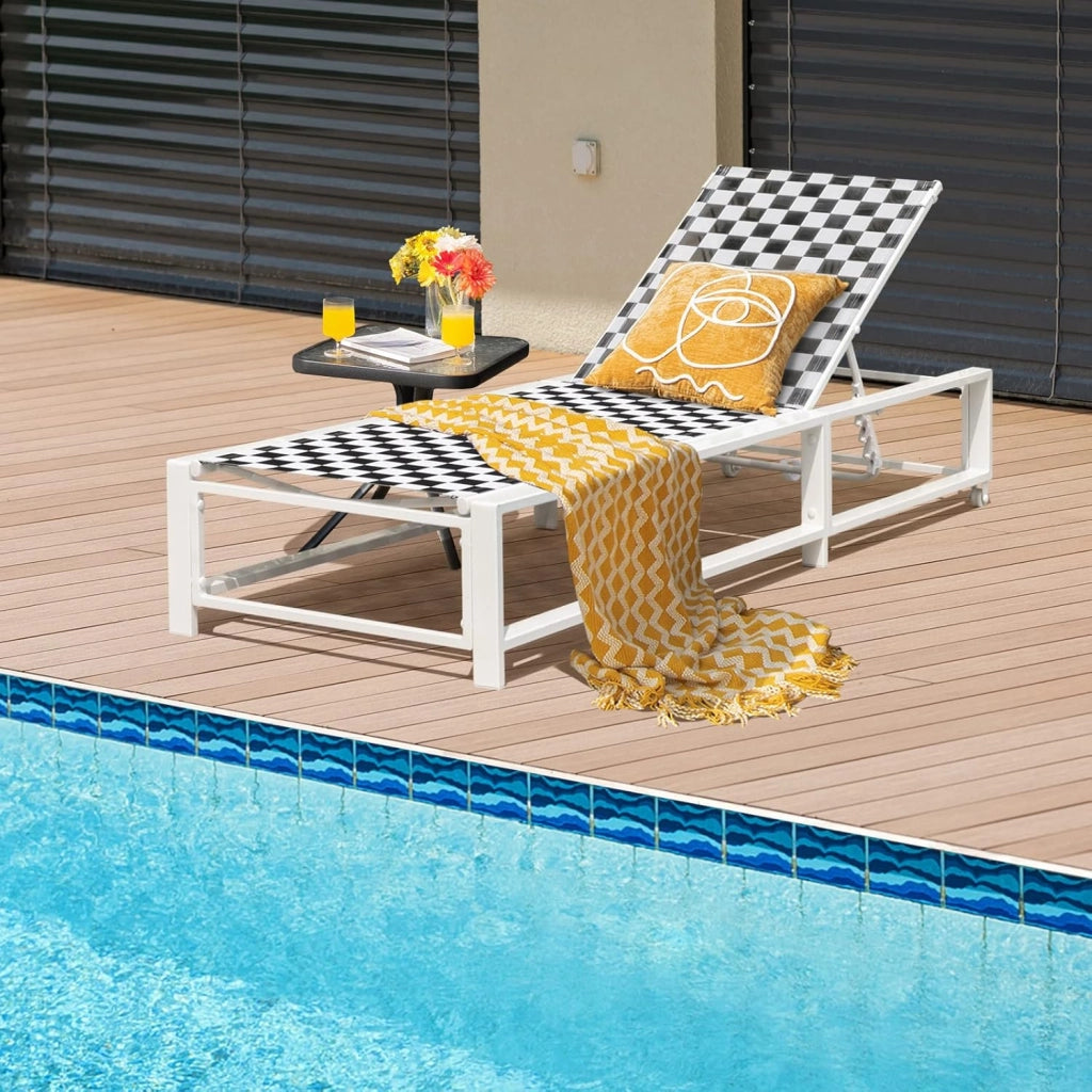Sedia a sdraio, regolabile in 6 posizioni, con struttura in metallo e ruote, sedia da giardino portatile per spiaggia, giardino e piscina, lettino da esterno, 200 x 68 x 32 cm, portata fino a