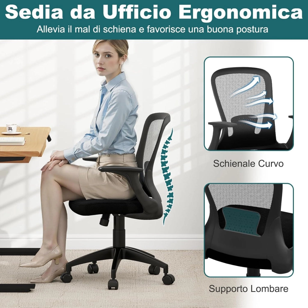 Sedia da Ufficio Ergonomica in Rete, Regolabile in Altezza e Schienale Regolabile, Braccioli Ribaltabili e Supporto Lombare, Sedia Girevole per Scrivania, per Ufficio, Portata 150 kg