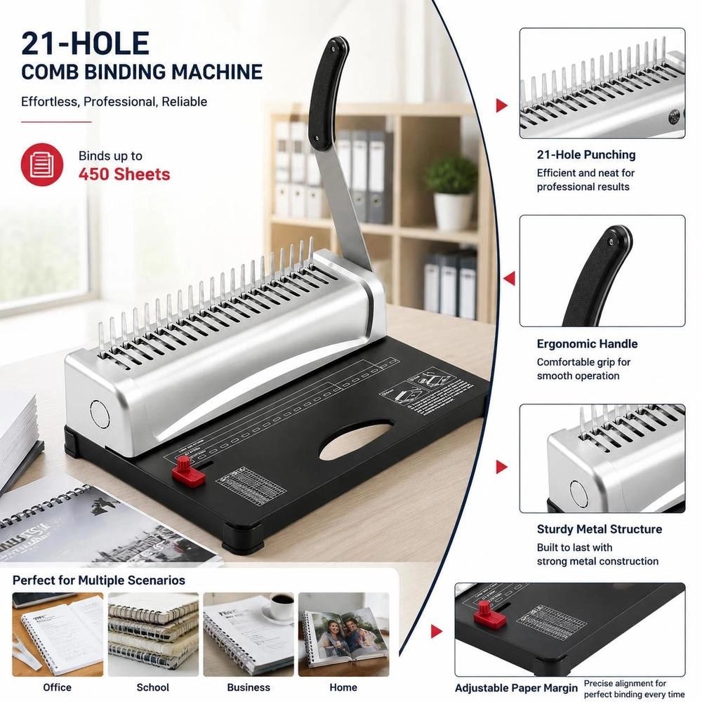 Binding Machine, Comb Binding Machine, 21-hole Binding, 450 Sheets, Bookbinding Machine With 100 3/8 Inch Comb Binding Spines, For Letter Size, A4, A5
