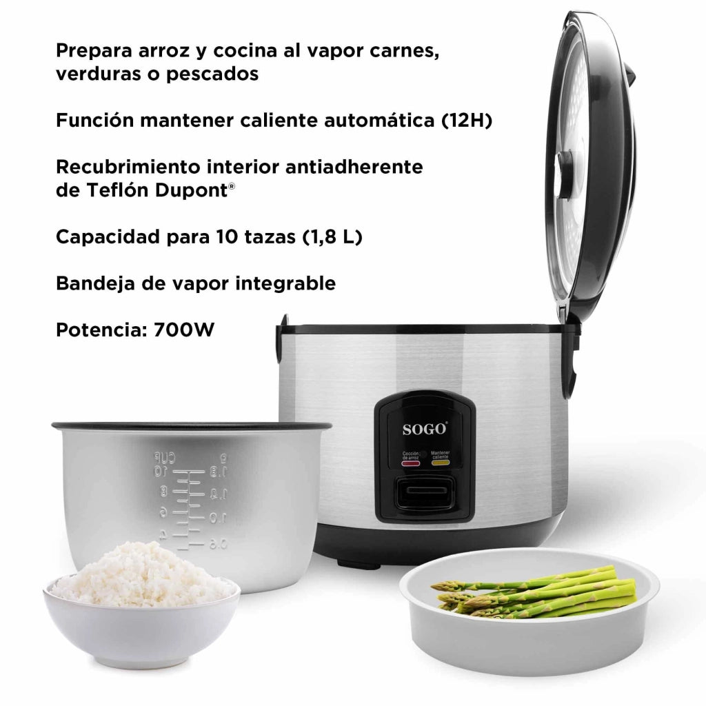 Cuociriso elettrico 1,8L acciaio inox, rivestimento antiaderente, cottura a vapore 700W cucina - SOGO