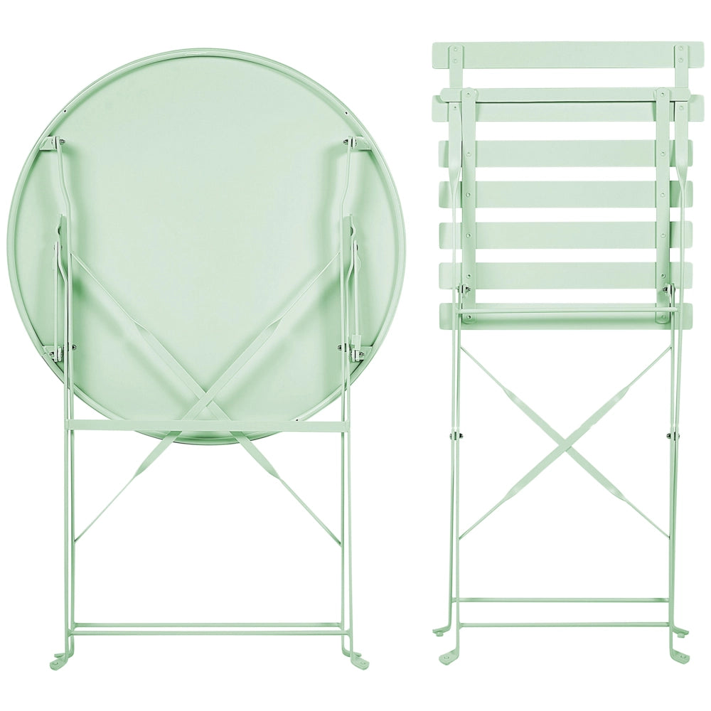 Set da bistrot da 3 pezzi in metallo verde menta con schienale a doghe pieghevole all'aperto