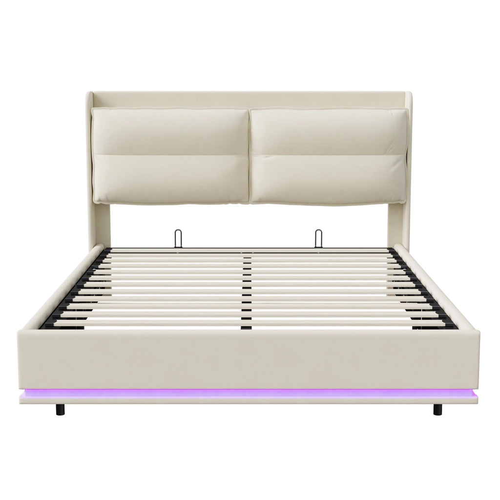 Letto contenitore 160x200 cm velluto beige, testiera imbottita, ricarica wireless, USB‑C e USB, luci RGB‑LED con telecomando, meccanismo idraulico