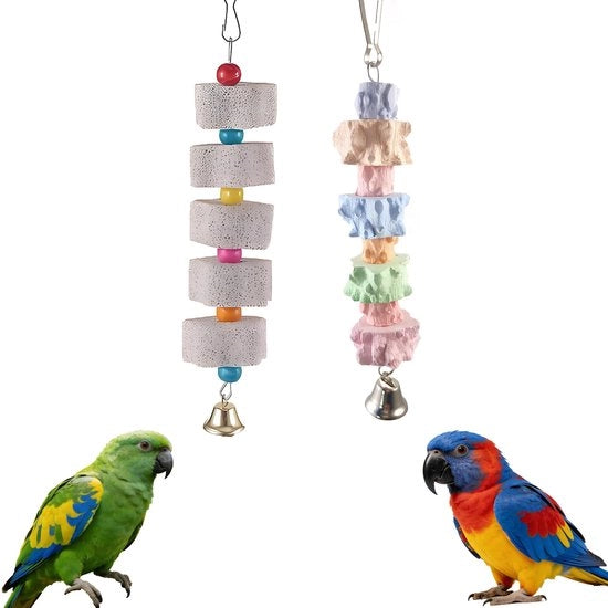 Accessori per gabbia da uccello da appendere - 2 pezzi - pietre minerali per becco/schiuma - giocattolo per uccelli - accessori per gabbia da uccello da appendere - duraturo - orologio sonoro - giocattolo per uccelli
