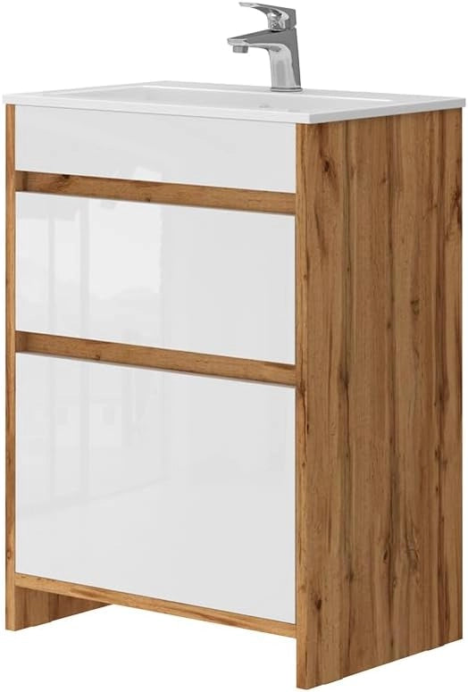Mobile bagno Detmold, Bianco lucido/oro power oak, 81.6 x 35 cm con porta, adatto per montaggio a parete e combinabile con la serie Detmold