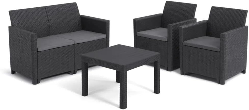 Keter Salottino Marie Lounge Set con Cuscini, Poltrone 65x63x74h Divano 113x65x74h Tavolino 58,5x58,5x43h Grafite