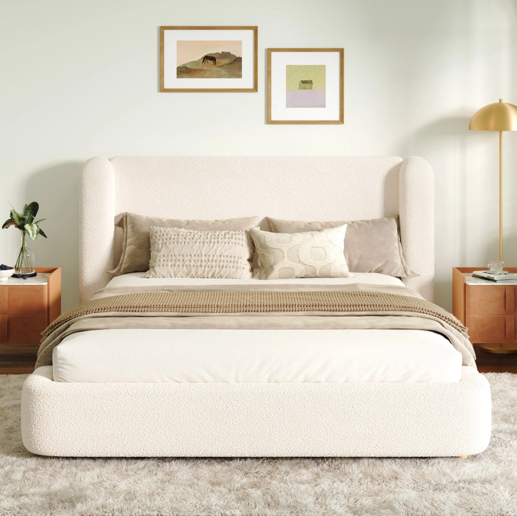 Letto matrimoniale contenitore in bouclé beige con rete e apertura idraulica