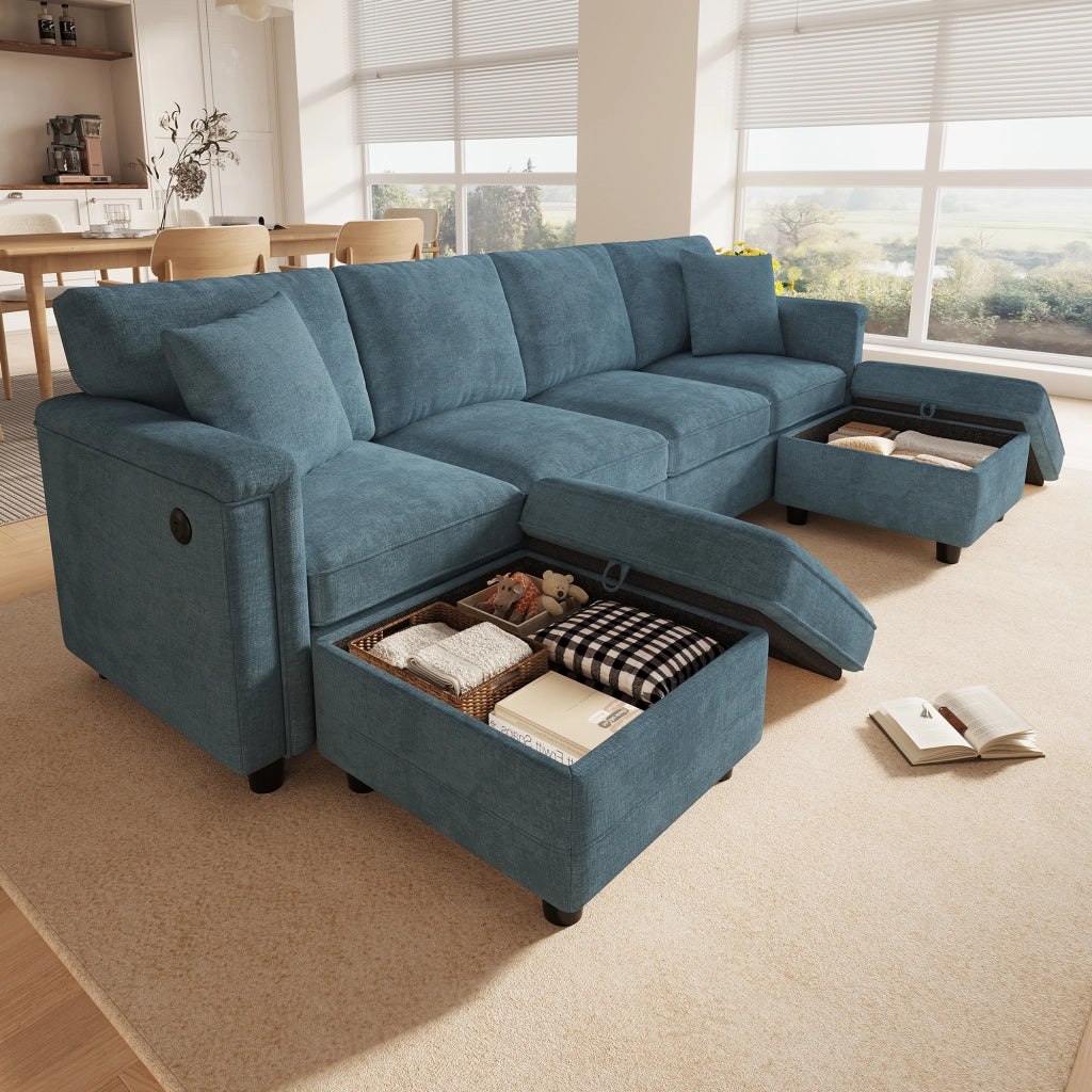 Divano modulare blu in ciniglia 261x134x82 cm con pouf contenitore; USB e Type-C