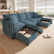 Divano modulare blu in ciniglia 261x134x82 cm con pouf contenitore; USB e Type-C