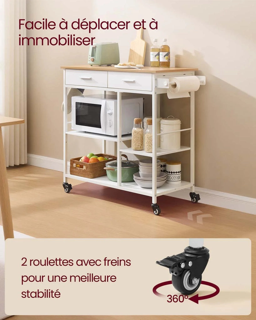 Carrello da cucina su ruote isola cucina mobile 45 x 60 x 90 cm con cassetto e 2 ganci per sala da pranzo rovere beige e bianco opaco 12_0008028
