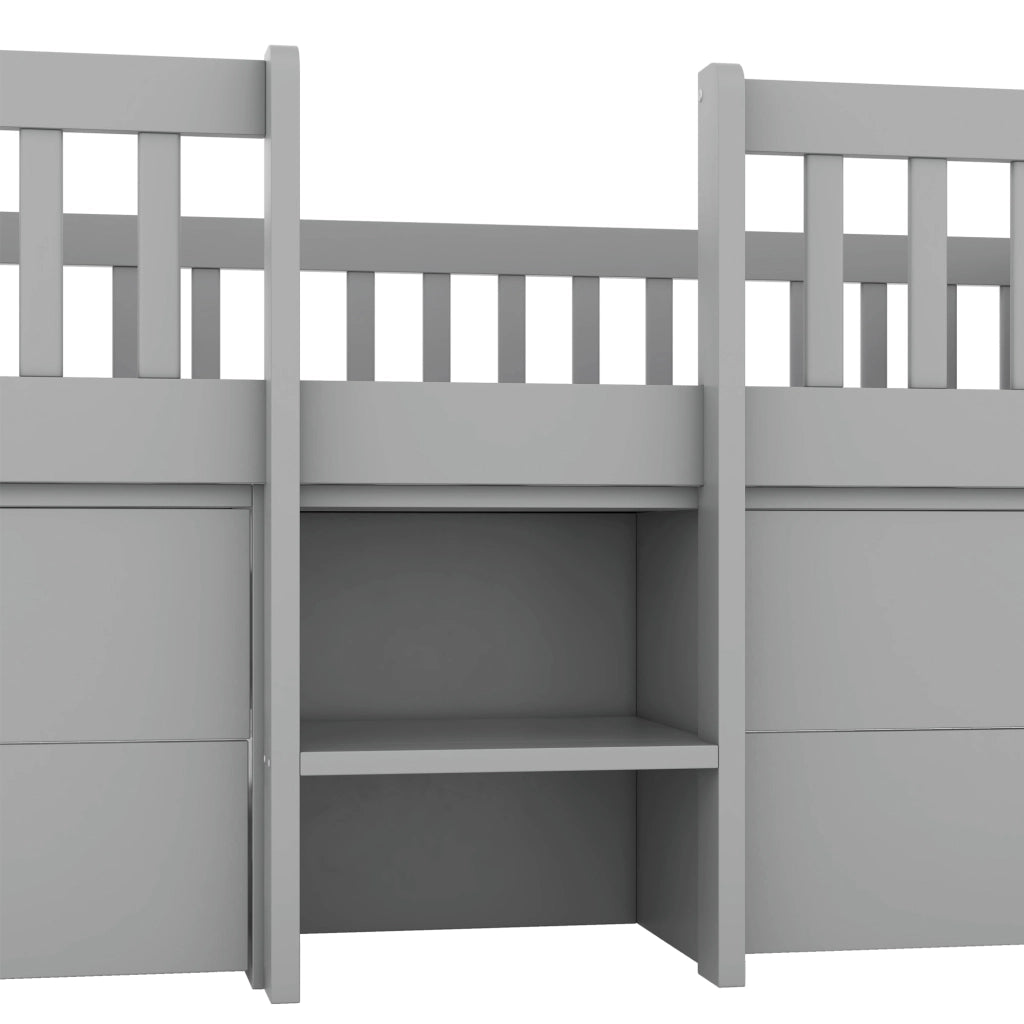 Letto a soppalco 90 × 200 cm con 4 cassetti; scala contenitore e barriera in legno e MDF grigio