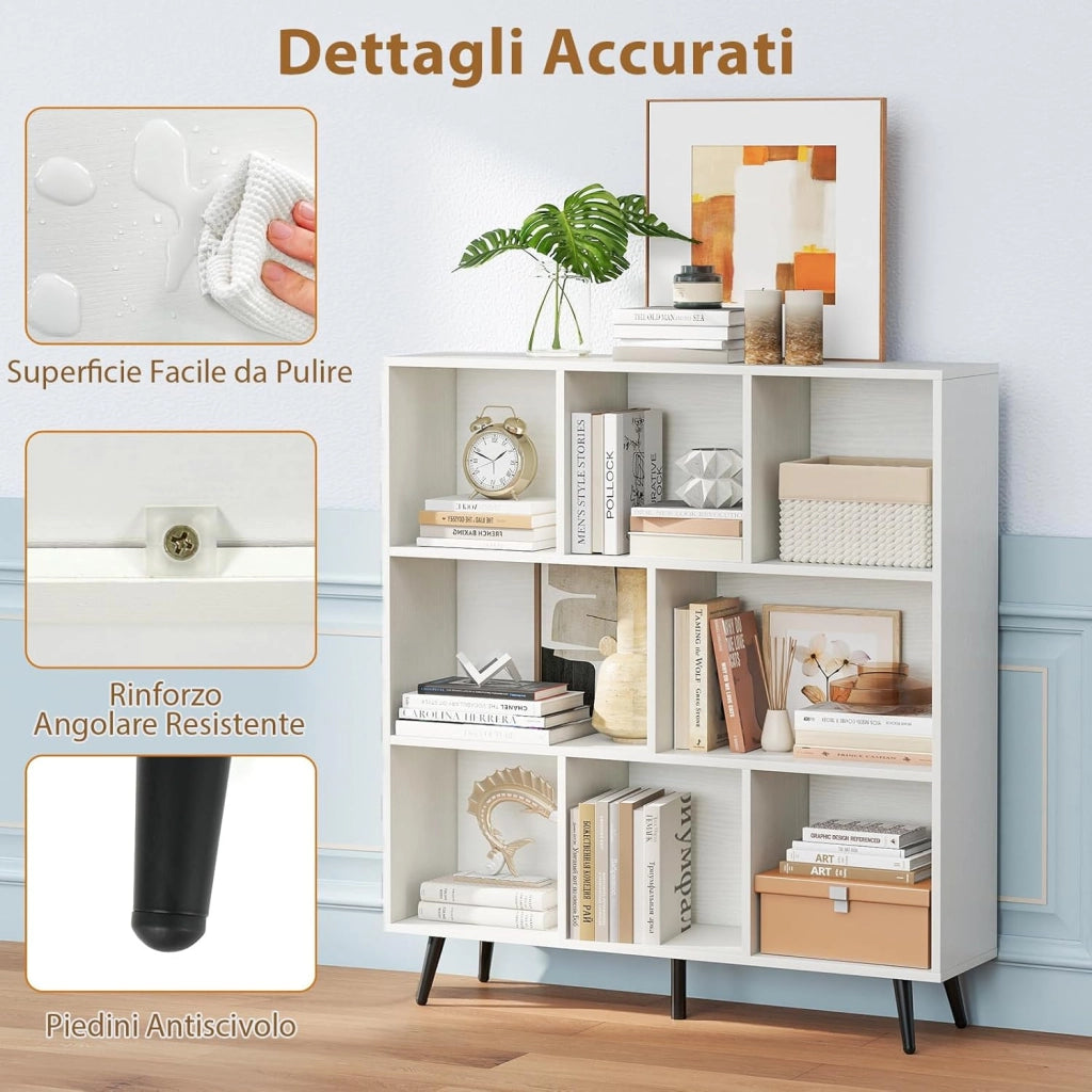Libreria a 8 Cubi, Organizzatore di Stoccaggio Moderno con 5 Gambe di Metallo, Scaffale per Esposizione con 2 Kit Anti-Ribaltamento per Soggiorno Studio Camera da Letto, Bianco (100x24x107cm)