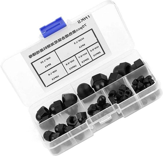 Kit di viti a cappuccio a forma di ghianda in nylon Allettato Plus Zeskantmoeren M3 M4 M5 M6 M8 M10 70 pezzi Nero