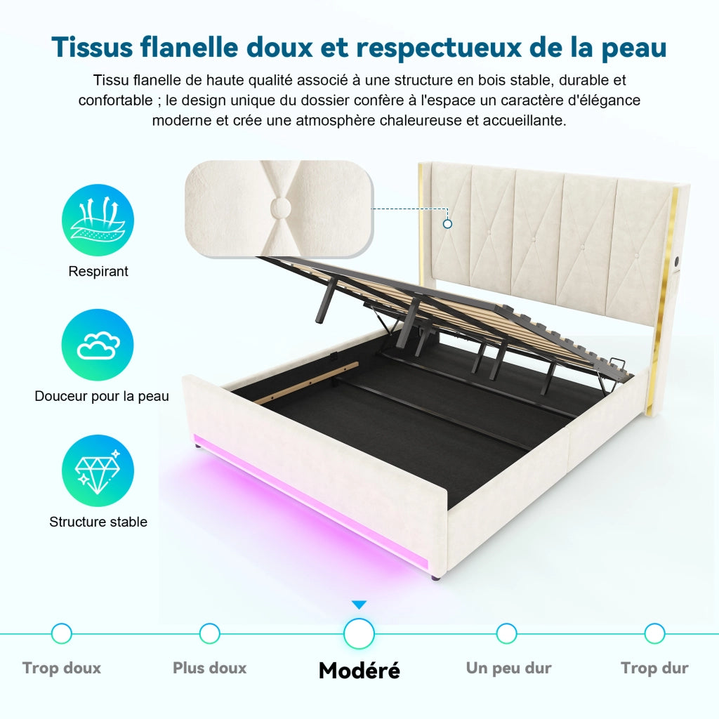 Letto Contenitore 180x200 cm Matrimoniale con USB; Type-C; LED e Tasche - Beige