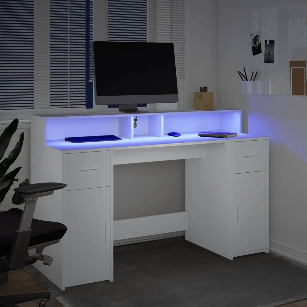 Scrivania con Luci LED Bianca 140x55x91 cm in Legno Multistrato