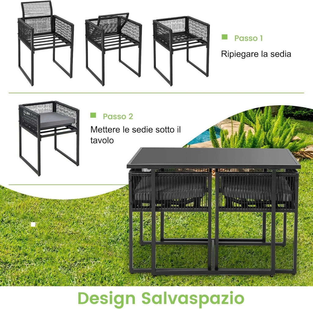 Set di 3 Pezzi Pranzo da Giardino, Set di Tavolo e Sedie da Esterno in Rattan PE con Schienali Pieghevoli, Tavolo in Vetro Temperato, per Balcone Giardino