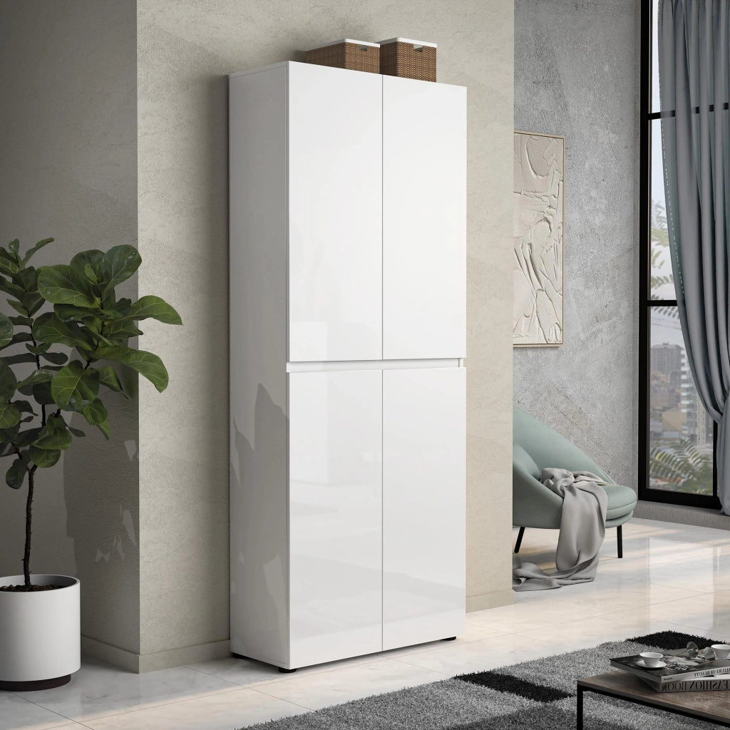 Mobile Portascarpe Antaleone, Scarpiera 36 Paia Made in Italy, 80x34x200h cm Bianco Lucido