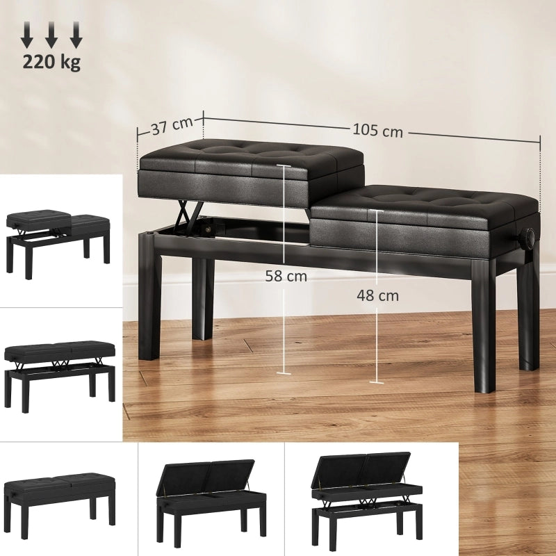 Panca per pianoforte regolabile con vano portaoggetti, seduta in ecopelle nera, 105 x 37 x 48-58 cm