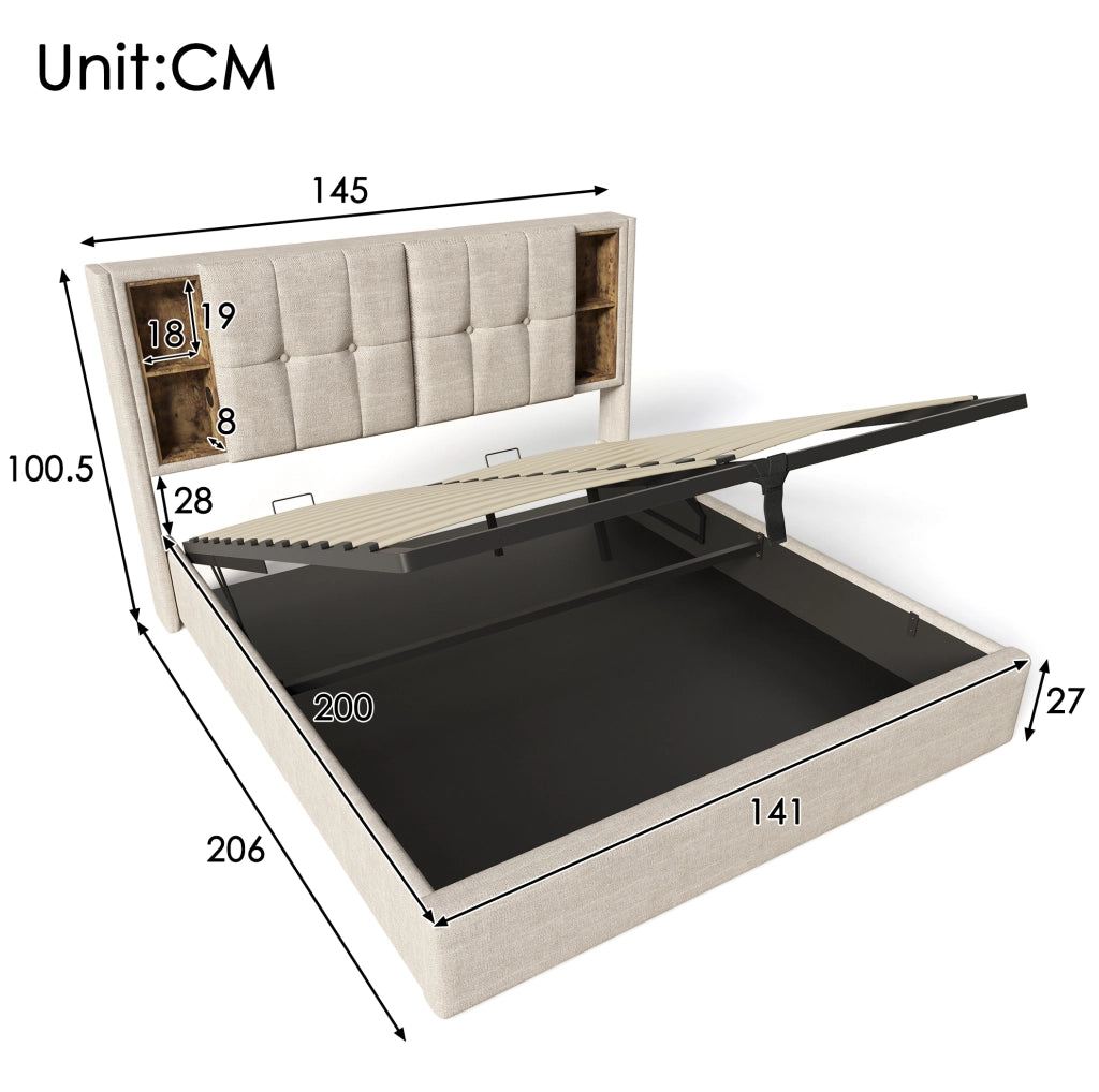 Letto matrimoniale 140x200 cm con contenitore; ricarica wireless USB e USB-C; lino naturale