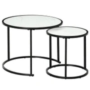 Set di 2 Tavolini da Salotto Rotondi Impilabili in Acciaio ed Effetto Marmo, Bianco
