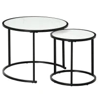 Set di 2 Tavolini da Salotto Rotondi Impilabili in Acciaio ed Effetto Marmo, Bianco