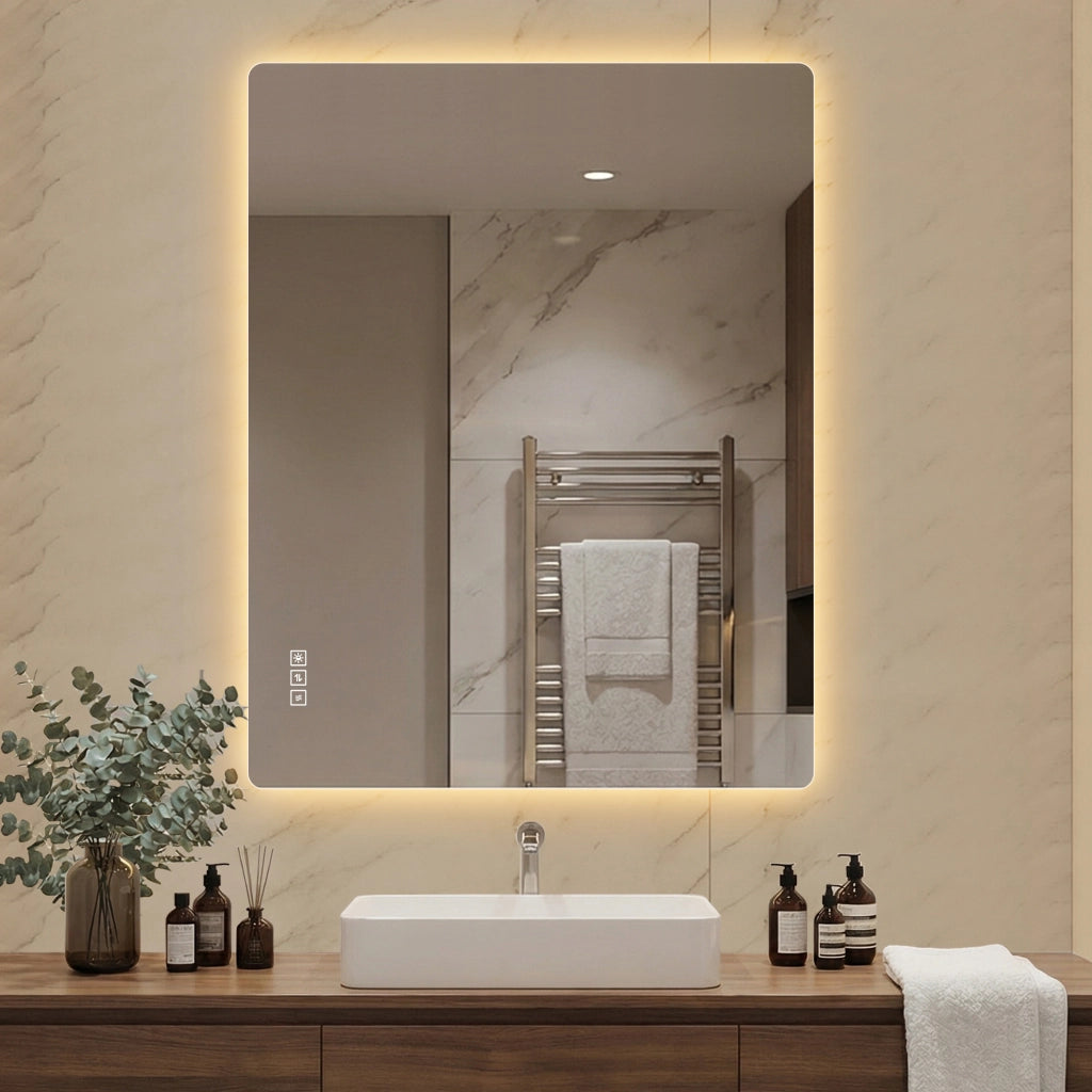 SPECCHIO LED 70x90 cm rettangolare in vetro e metallo argento, dimmerabile