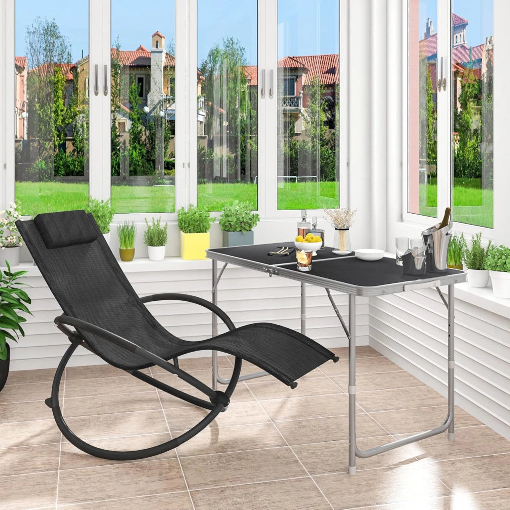 Set di 2 Sedia Sdraio a Dondolo Relax Poltrona Swing Traspirante da Balcone Campeggio Lettino con Braccioli e Poggiatesta, Nero, LS002sz-2