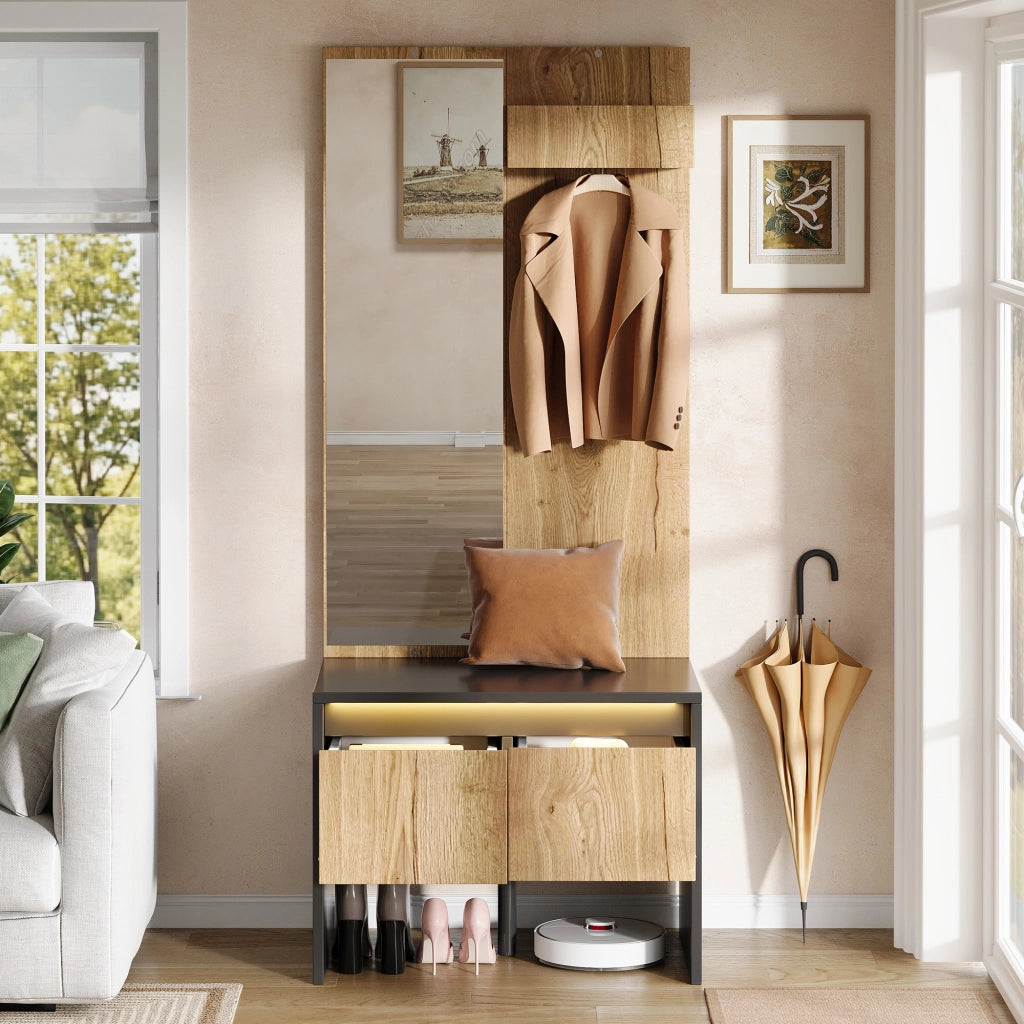 Mobile ingresso con 2 cassetti; ganci e specchio - per ingresso - in truciolare - 60×38×145 cm - naturale