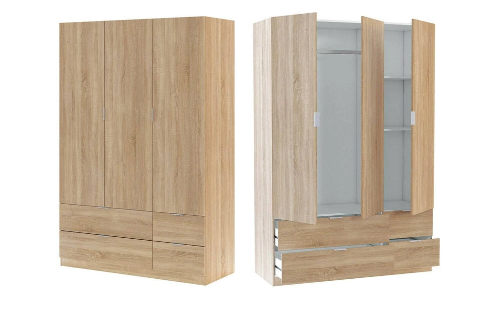 Guardaroba Ababala, Mobile camera da letto a 3 ante e 2 cassetti, Armadio appendiabiti, 135x52h200 cm, Rovere