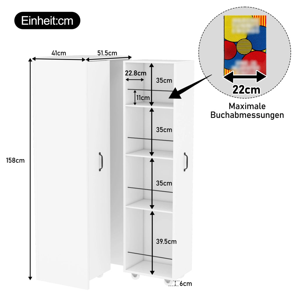Libreria estraibile con ruote, 4 ripiani, MDF, bianco, moduli reversibili sinistra/destra, 51,5x41x158 cm