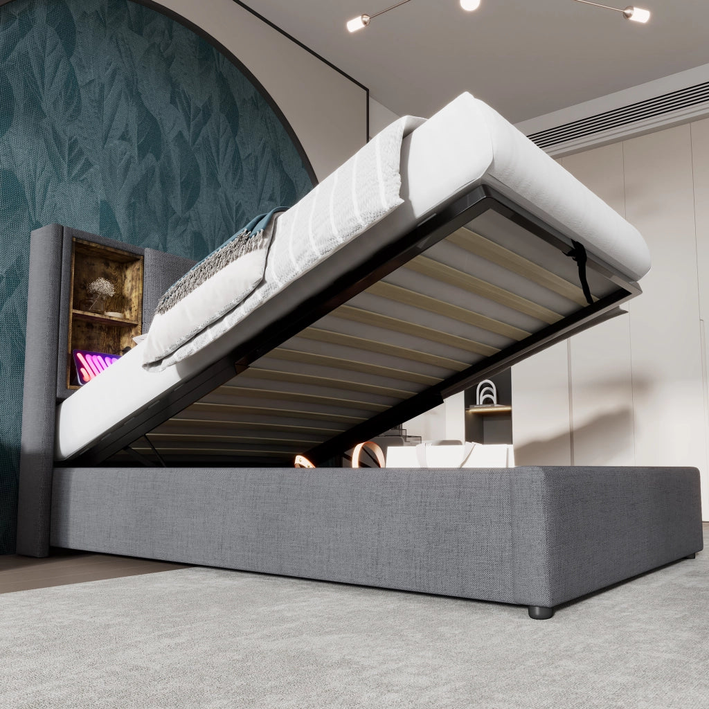 Letto Contenitore Singolo 90x200 cm; con Ricarica Wireless; USB e Type-C; in Cotone Grigio