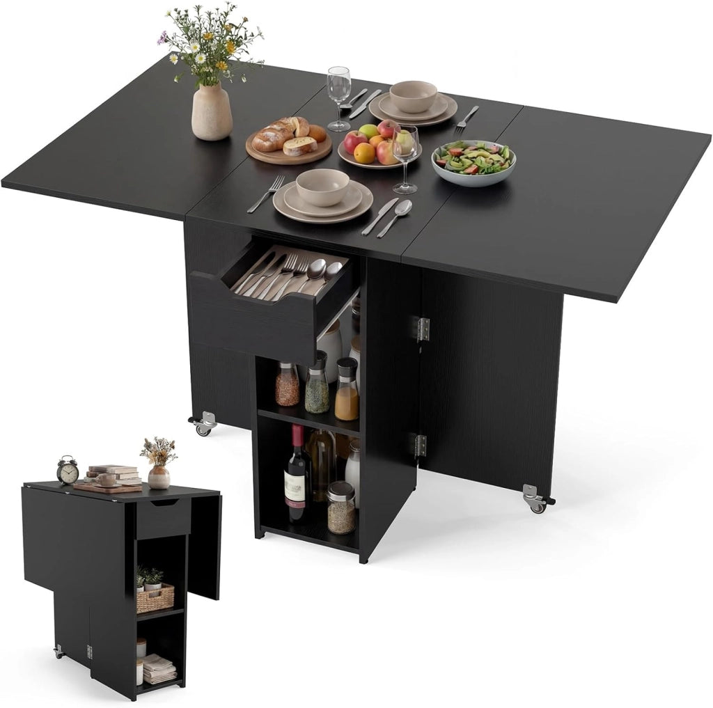 Tavolo da Pranzo Pieghevole, Mobile da Cucina con Ali Pieghevoli, 1 Cassetto e 2 Ripiani Aperti, per 2-4 Persone, Salvaspazio, 120 x 72 x 75 cm, Ideale per Sala e Cucina