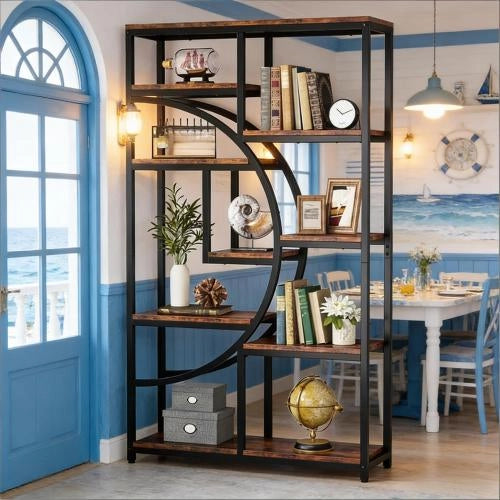 Libreria geometrica con 9 ripiani aperti, struttura in metallo e legno, colore nero e marrone rustico